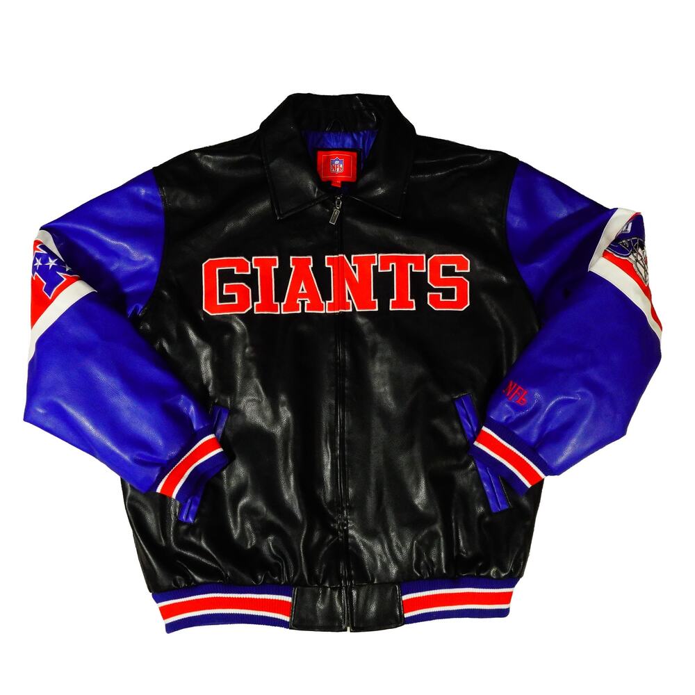 New York NY Giants NFC NFL Black Faux Leather Jacket Mens Size XL